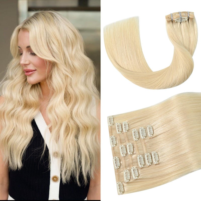 Aison Platinum Blonde Clip in Hair Extensions 70G 100% Remy Real Human Hair Soft Silky Straight 7pcs 16clips One Pack (20 Inch #60) - Image 1